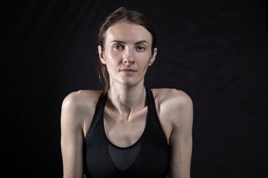 Close-up portrait of a woman wearing black sportswear against a dark background.