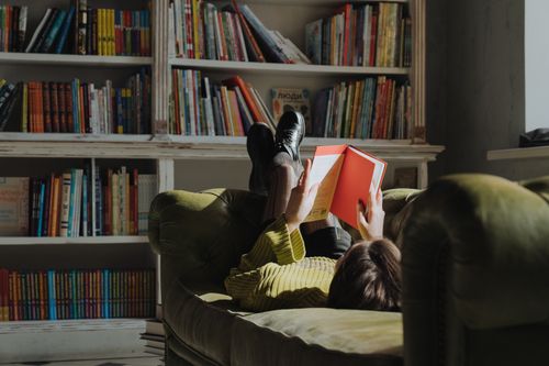 Free Young woman reading on a green sofa in a library, enjoying leisure time. Stock Photo
