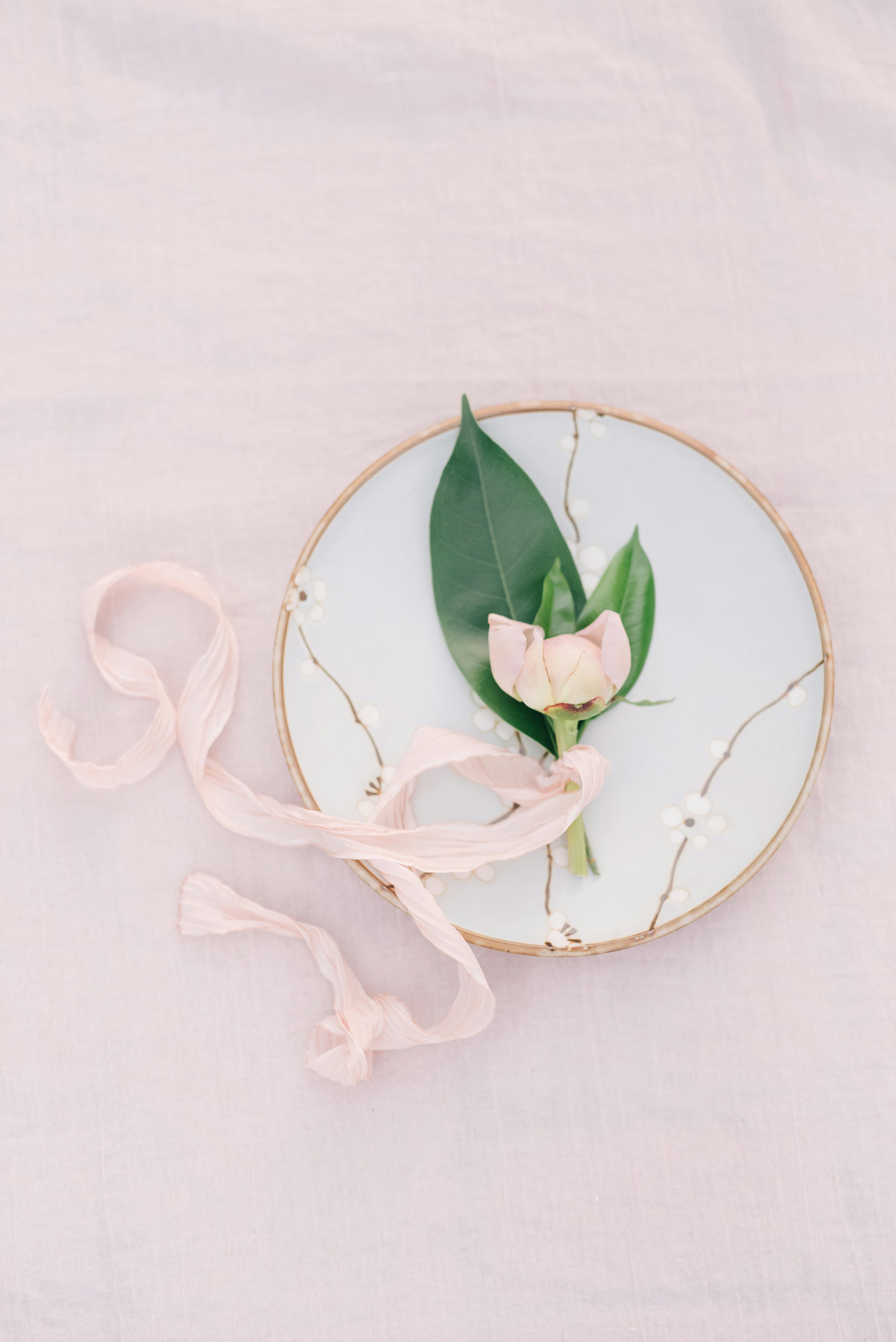 A minimalist flat lay featuring a pink flower, green leaves, and a silk ribbon on a decorative ceramic plate.