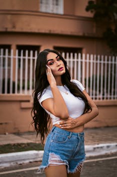 Fashionable woman posing in denim shorts and white top outdoors. Ideal for summer fashion concepts.