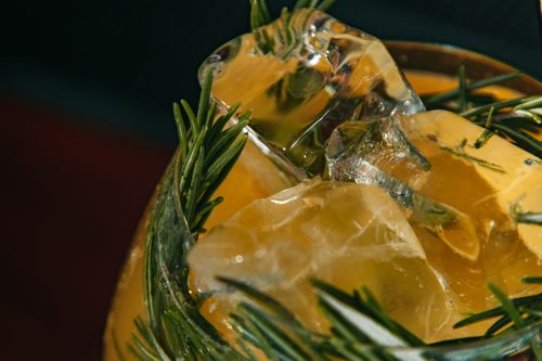 Free Close-up of a chilled drink with ice cubes and fresh rosemary. Perfect for hot days. Stock Photo