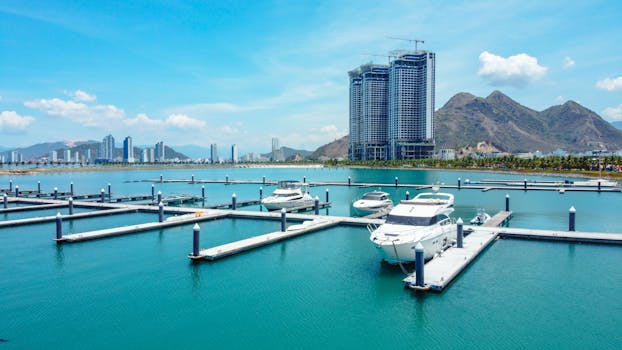 Discover a serene marina with yachts and skyscrapers in Nha Trang, perfect for travel inspiration.