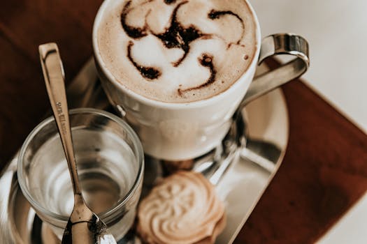 Captivating overhead shot of a cappuccino with latte art, biscuit, and water on a silver tray, ideal for coffee lovers.