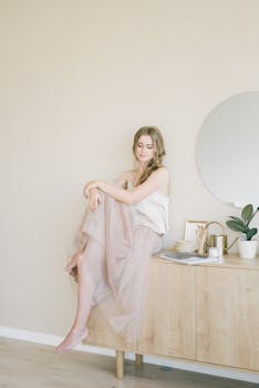 一位女士的宁静肖像优雅地置于中性色调的极简主义房间中