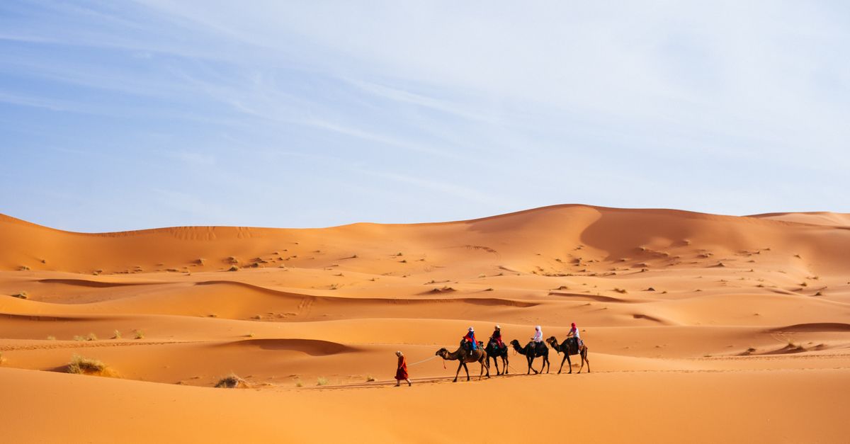 Travelers riding camels across golden sand dunes at sunset in Merzouga, Sahara Desert, Morocco — a highlight of the 7 days from Marrakech tour