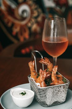 Golden fried shrimp served with sauce and rosé wine, a perfect dining experience.