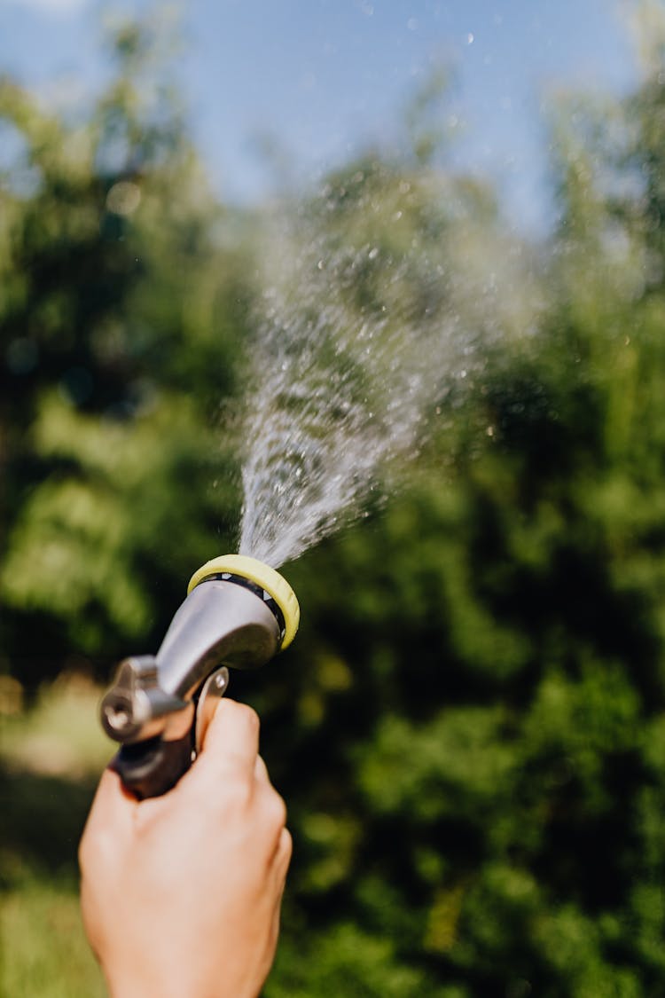 Close-Up Photo Of A Person's Hand Using A Spray Hose