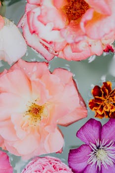 漂浮在水面上的花朵色彩斑斓，其令人惊叹的俯视图捕捉到了这场清新而充满活力的花卉展示