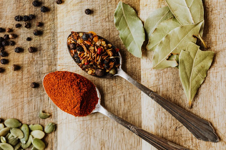 A Close-Up Of Spices On Spoons