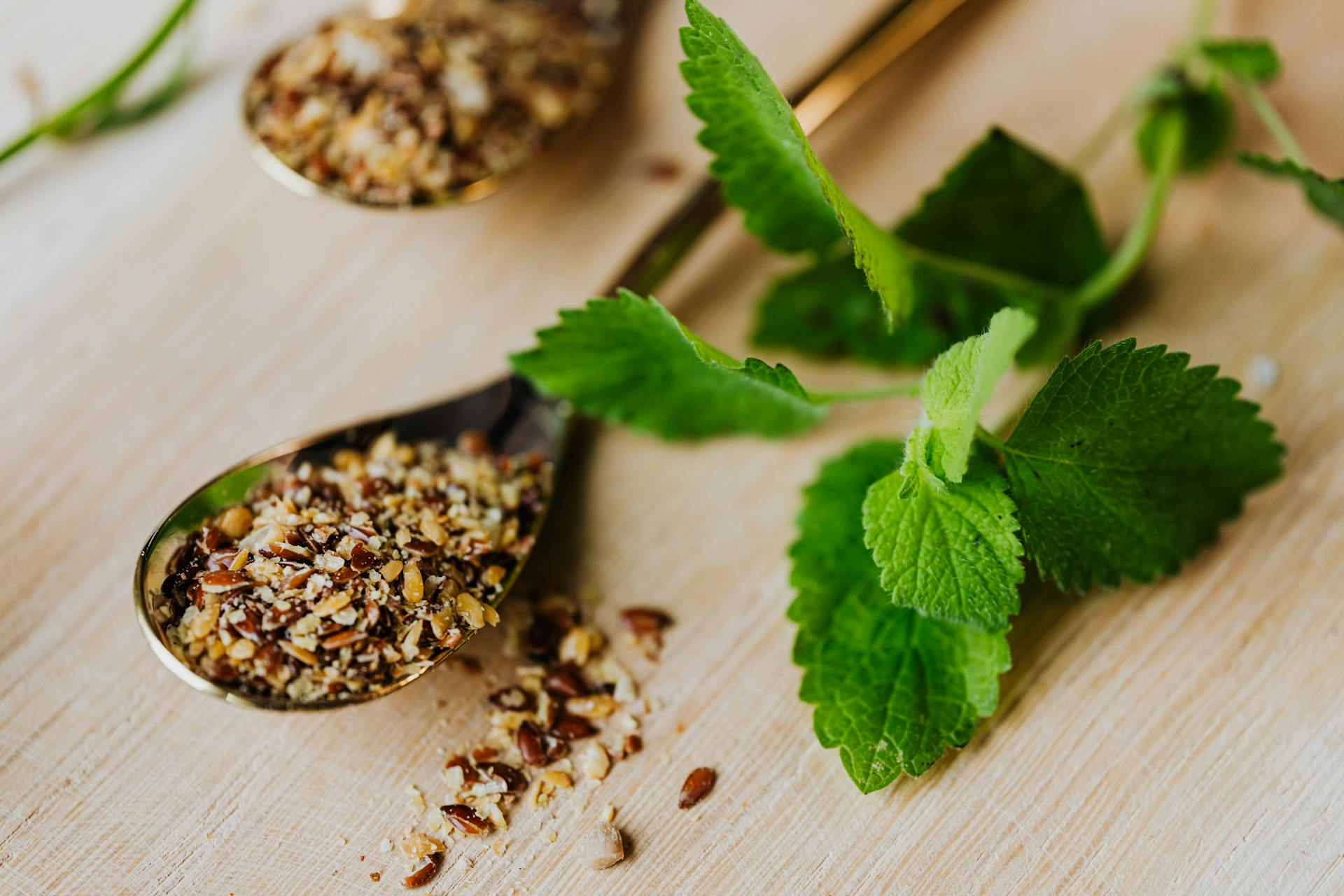 Mint Leaves and Spices on Teaspoon