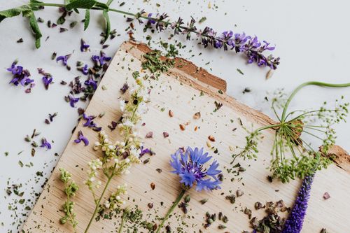 Free Aesthetic flat lay of various flowers and herbs on a rustic wooden board for natural decor. Stock Photo