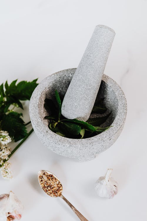 Photograph of Green Leaves in a Mortar