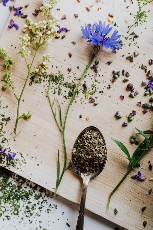 Free Fresh cornflower and herbs scattered on wooden board with spoon of dried herbs, ideal for organic themes. Stock Photo