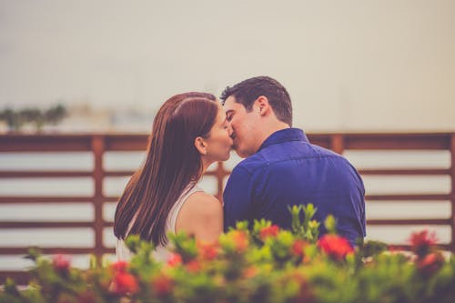 Free Romantic couple sitting on bench on waterfront and kissing passionately Stock Photo