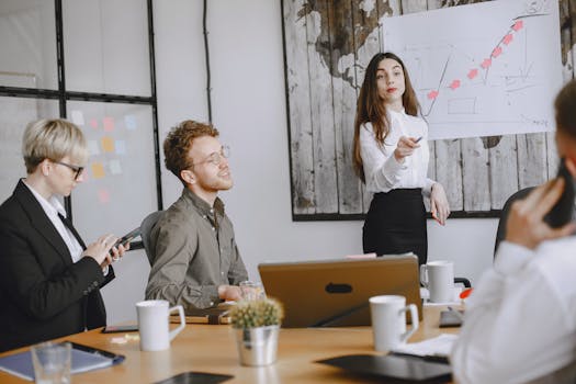 Team engaged in a productive office meeting with presentations and discussions.