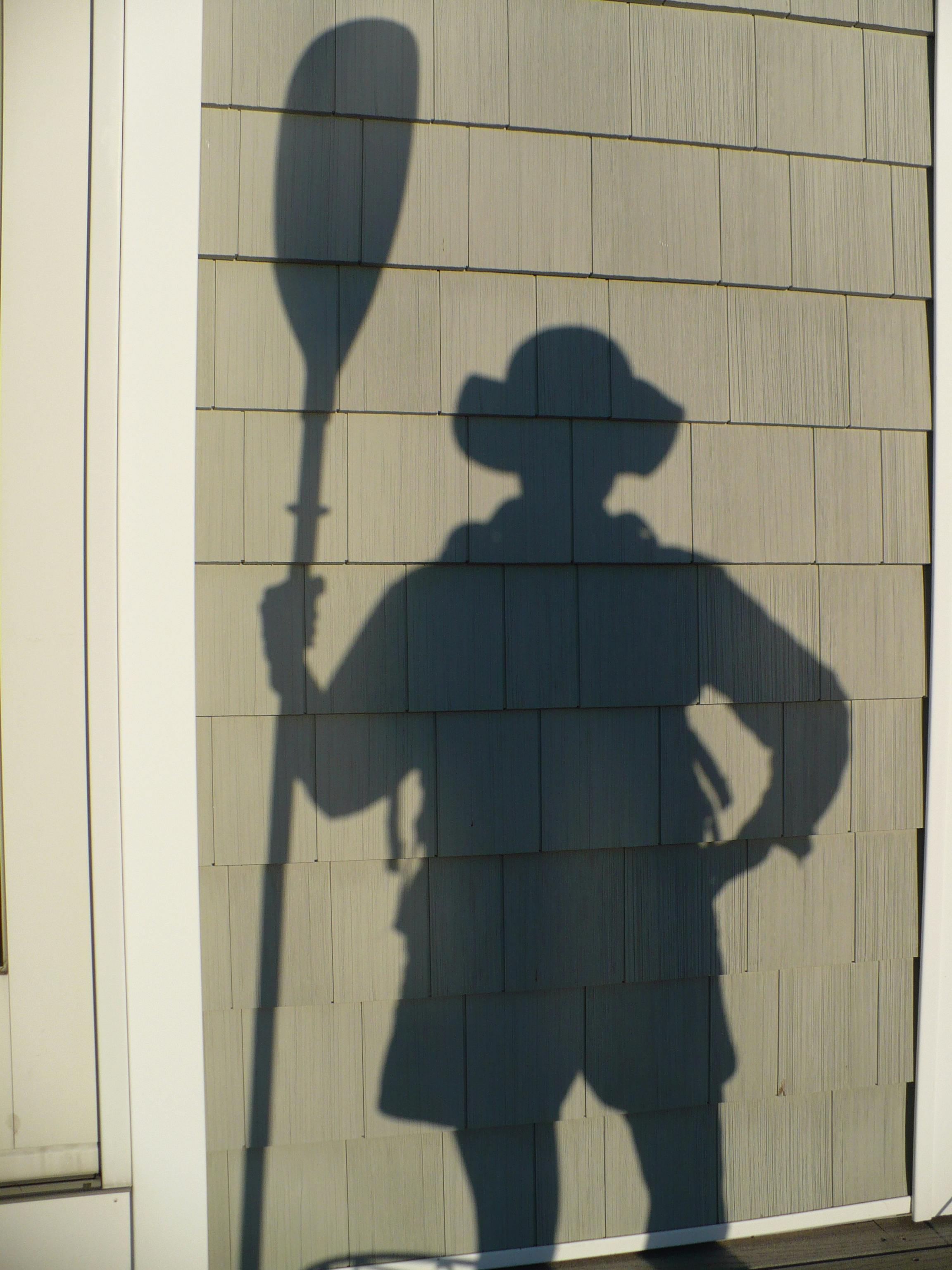 Shadow of a person with a paddle against a wall in daylight, creating an intriguing silhouette.