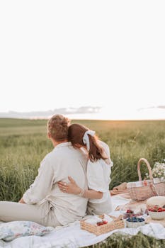 一对夫妇在草地上铺着舒适的毯子，享用着水果，浪漫地欣赏日落