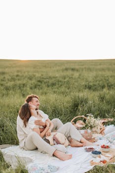 一对恩爱的夫妇在绿草如茵的草地上野餐，四周环绕着大自然的美景