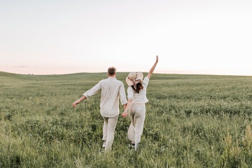 Foto profissional grátis de amor, andando, campo de grama