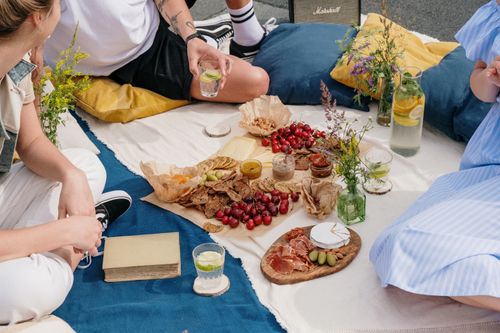 Free A group enjoying a summer picnic with snacks, fresh fruit, and drinks. Stock Photo
