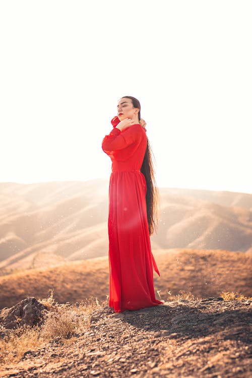 Free Woman In Red Dress Standing On Brown Grass Field Stock Photo