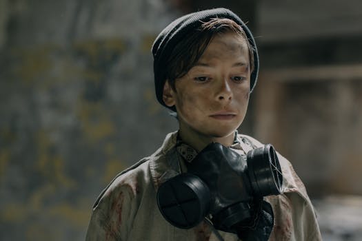 这幅戴着防毒面具和无檐帽的小男孩肖像，描绘了生存与孤立的主题