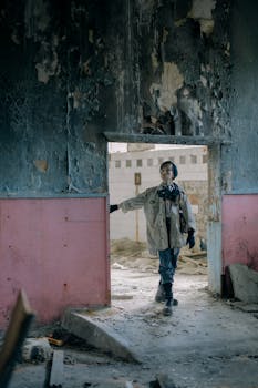 A young man explores a decaying urban building, conveying themes of survival and desolation.
