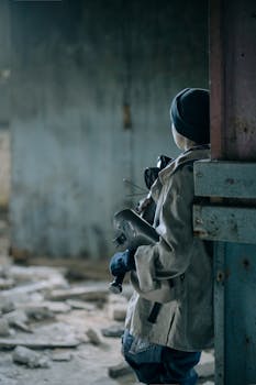 一个男孩独自在一栋废弃的建筑里，探索着如世界末日般的环境