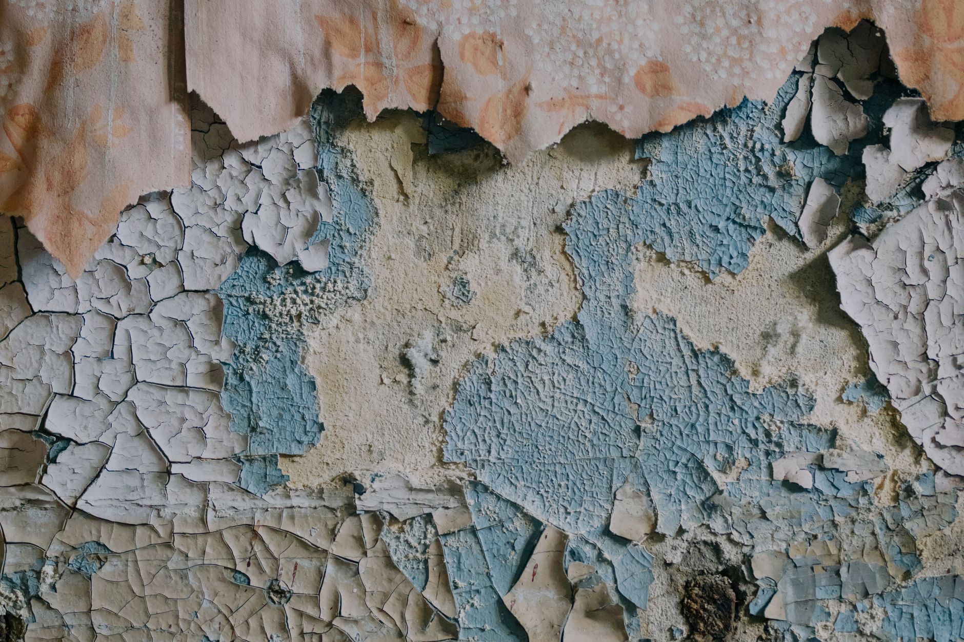 A detailed close-up of an old wall with peeling paint revealing weathered texture beneath.