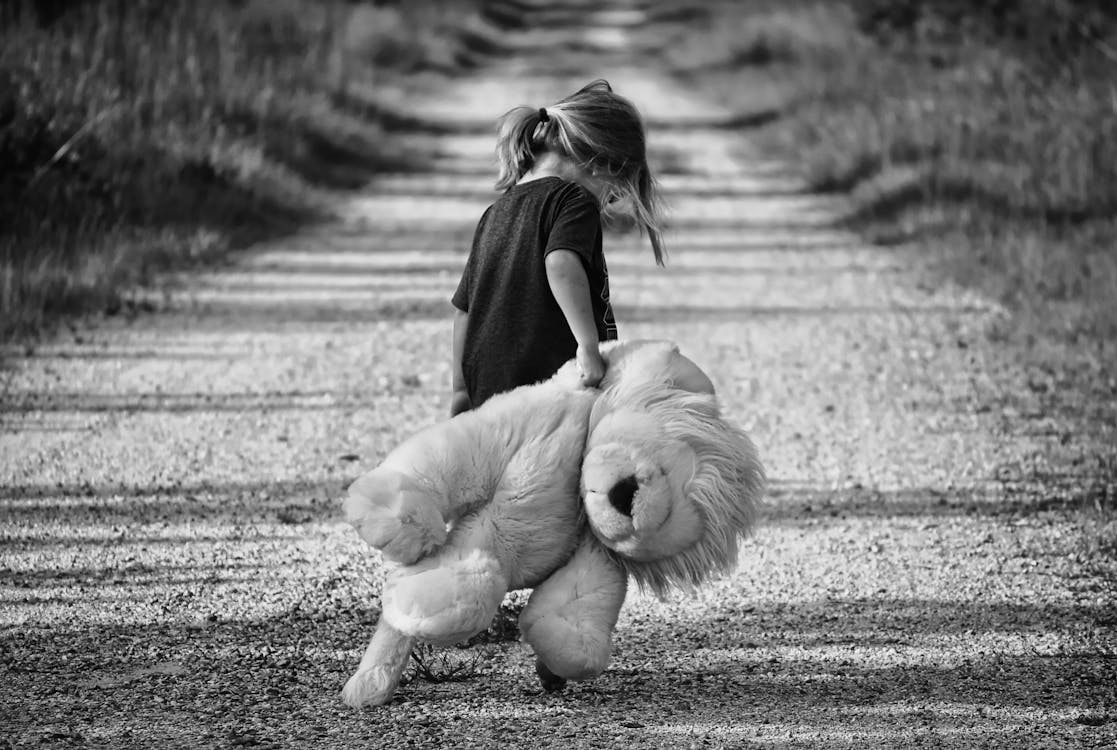 Free Backview of Girl Holding Plush Toy while walkingon Dirt Road  Stock Photo