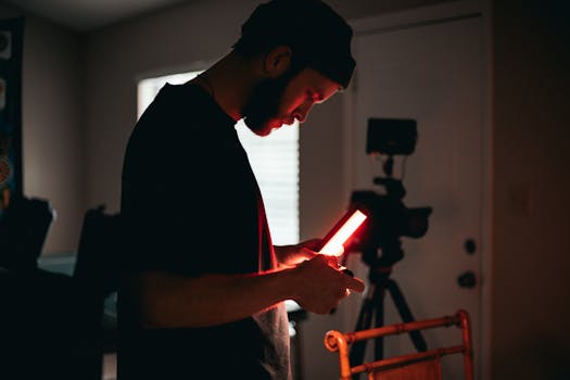 Artistic portrait of a man holding a red light indoors, creating a moody atmosphere.