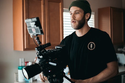 A bearded man in a beanie operates a professional video camera inside a room.