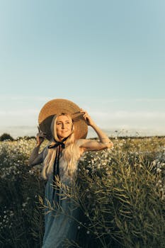 阳光明媚的天空下，花田里的女人戴着草帽，穿着白色连衣裙，微笑着