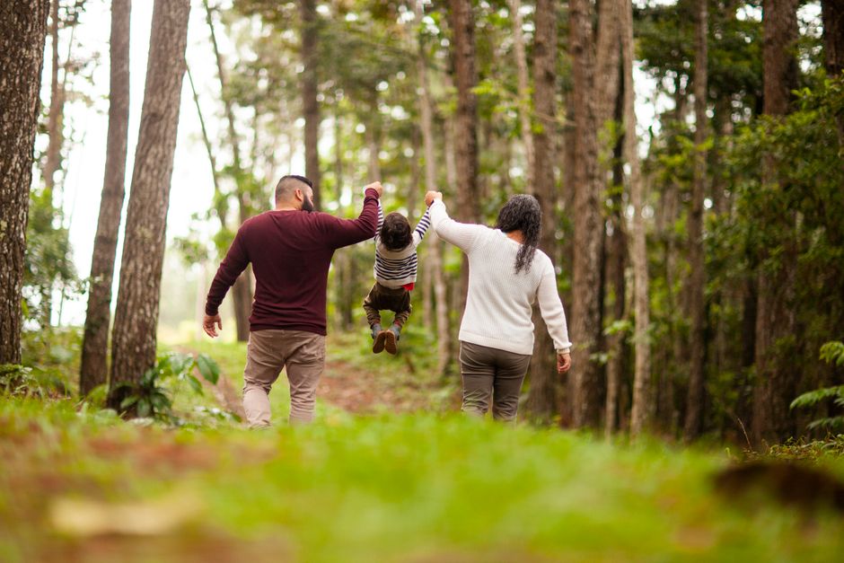 Padres balanceando alegremente al niño durante un paseo por el bosque.