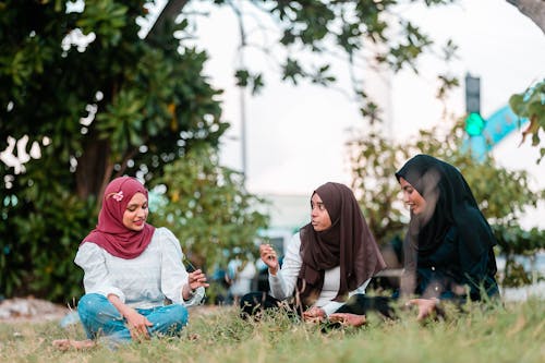Cheerful young Muslim females in headscarves sitting on green meadow in city park and discussing plans