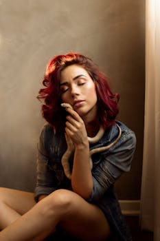 一名红发女子在室内穿着牛仔夹克，闭着眼睛，抱着一条蛇