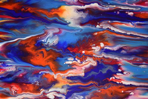 Free Colorful abstract acrylic painting with dynamic wave patterns in vivid hues of orange, blue, and purple. Stock Photo