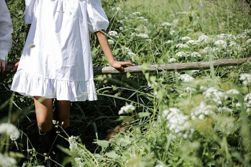 Girl in White Dress Standing on Brown Wooden Bridge