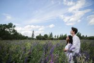 一个晴朗的夏日，一对情侣在郁郁葱葱的田野里浪漫相拥