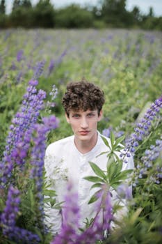 一个年轻人站在阳光明媚的日子里，身旁是充满活力的紫色羽扇豆