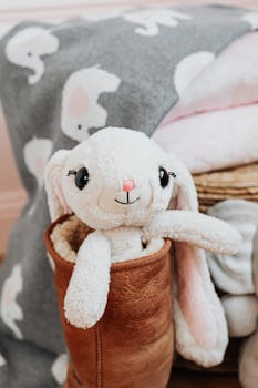 Cute plush bunny toy peeking out from a brown boot with soft blankets in background.