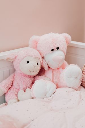 Two pink plush toys on a bed, photo by Kaboompics on Pexels