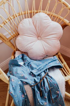 遮阳椅上披着一件花卉牛仔连衣裙，搭配着柔软的粉色花朵形枕头