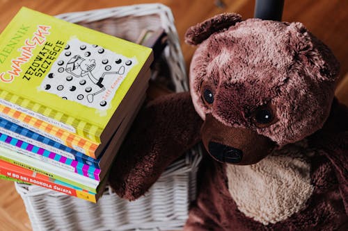 Brown Bear Plush Toy and Stack of Books