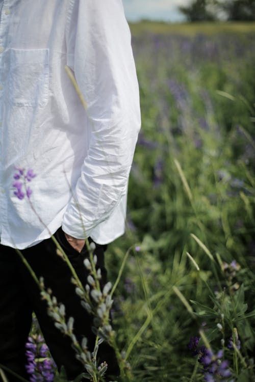 Person in White Shirt and Black Pants Standing on Green Grass Field