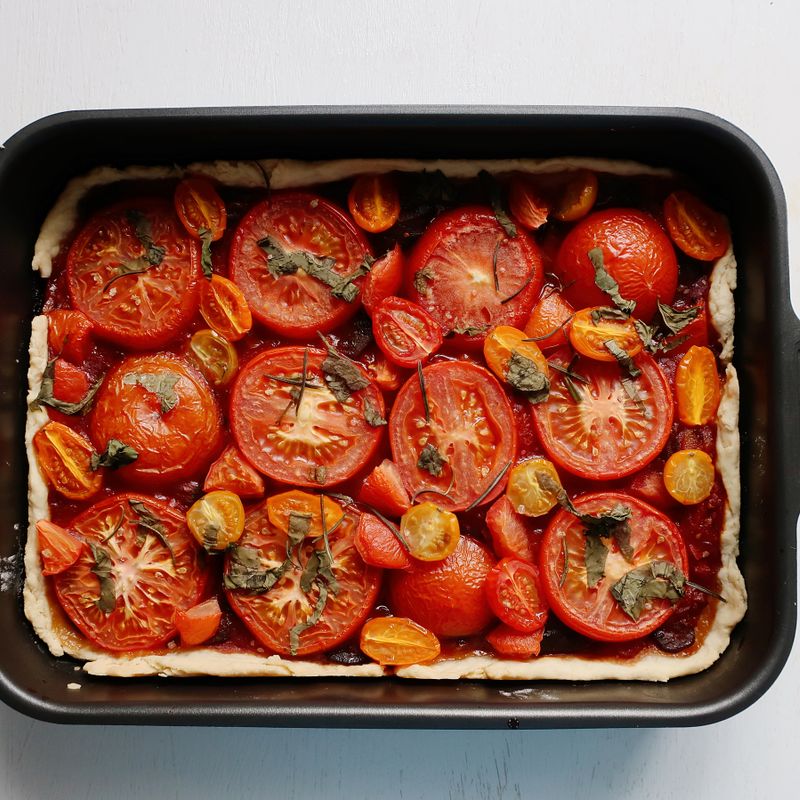 Sourdough Discard Burrata and Roasted Tomato Tart