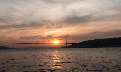 Sun Setting behind Bridge over Sea