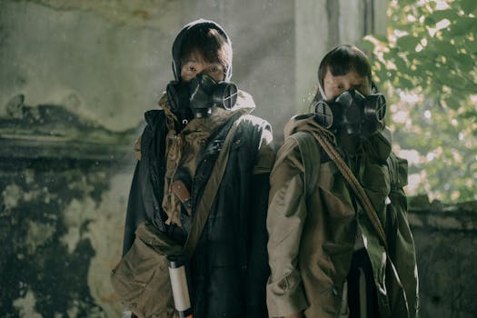 Two people wearing gas masks in a decaying building, illustrating post-apocalyptic survival.