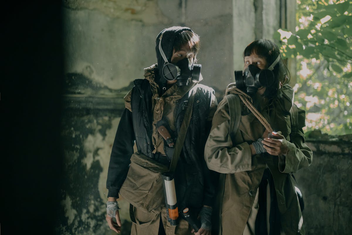 Man in Brown Jacket Wearing Black Gas Mask and Black Helmet