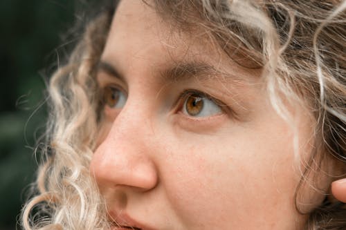 Free Closeup of young female with light brown eyes and curly blond hair looking ahead on blurred background Stock Photo